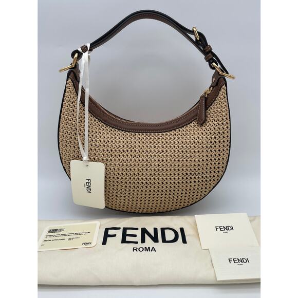 NEW FENDI FF FENDIGRAPHY SUMMER RAFFIA LEATHER SMALL HOBO BROWN LEATHER BAG NWT! - Picture 3 of 15